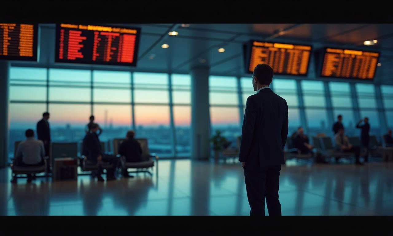 Pasajero revisando pantalla de vuelos en aeropuerto moderno